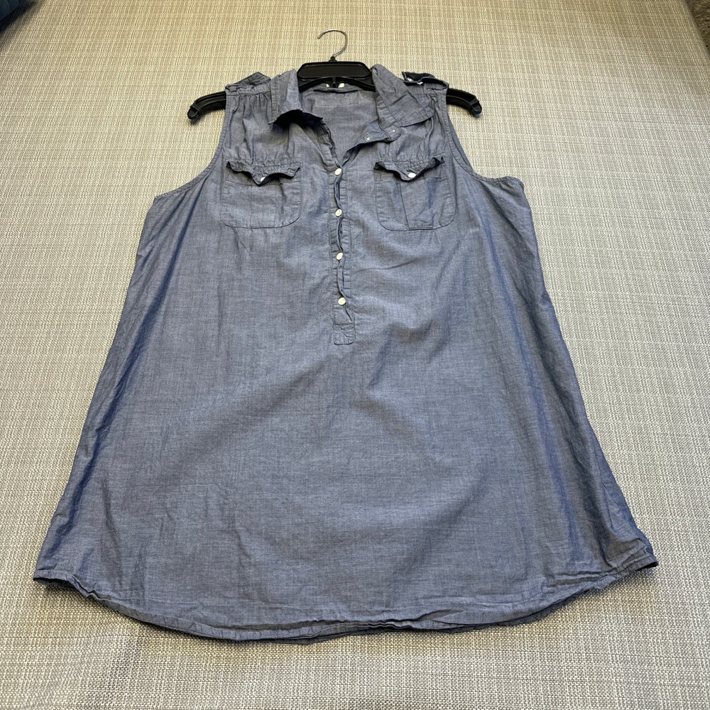 J. Crew Chambray Sleeveless Button Up Tunic Top Large‎ Blue Popover Coastal
